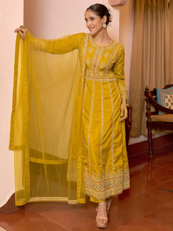 Women's Jumpsuits with U-Shaped CollarLibas Art Mustard Embroidered Silk Blend A-Line Kurta With Sharara & Dupatta