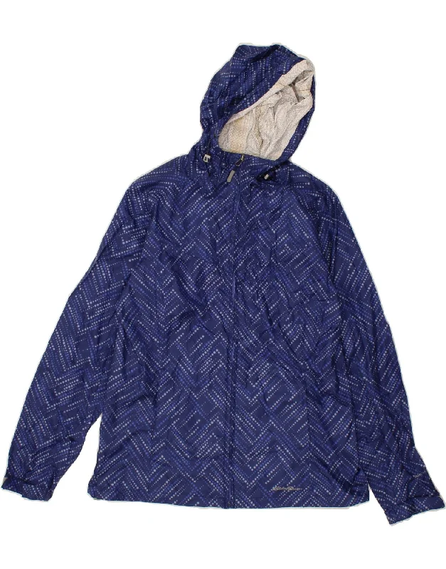 Women's Coats with ZipperEDDIE BAUER Womens Hooded Rain Jacket UK 12 Medium Navy Blue Chevron Nylon