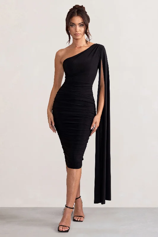 Women's Sweetheart-Neck DressesYara | Black One Shoulder Cape Ruched Midi Dress