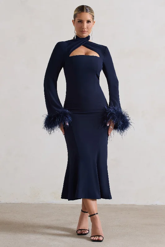 Women's High Collar DressesMonroe | Navy Cross Halter-Neck Midi Dress With Feather Cuffs