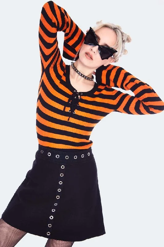 Women's Hooded Sweatshirts with Lightweight FabricOrange Stripe Knitted Top With Front Tie