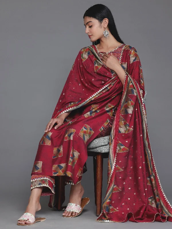 Women's Jumpsuits with Notched CollarMaroon Printed Silk Blend Straight Suit With Dupatta