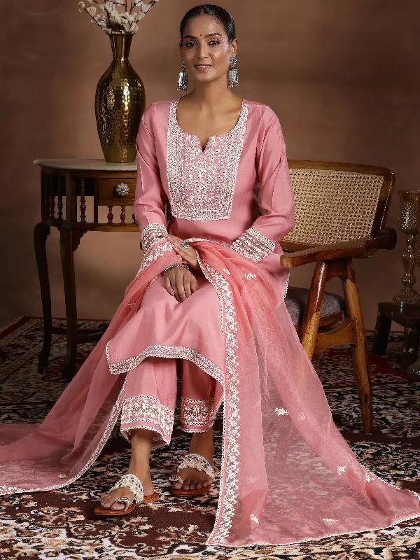 Women's Jumpsuits with Wide CollarPink Yoke Design Silk Blend Straight Suit With Dupatta