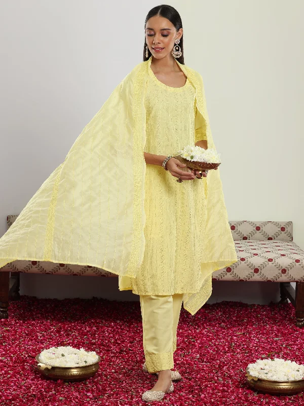 Women's Jumpsuits with Sweetheart NeckYellow Self Design Silk Blend Straight Suit With Dupatta