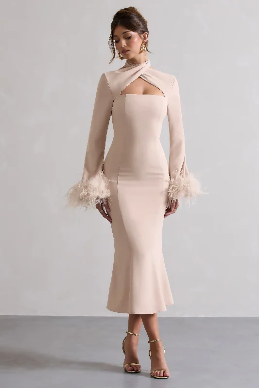 Women's V-Shaped Collar DressesMonroe | Champagne Cross Halter-Neck Midi Dress With Feather Cuffs