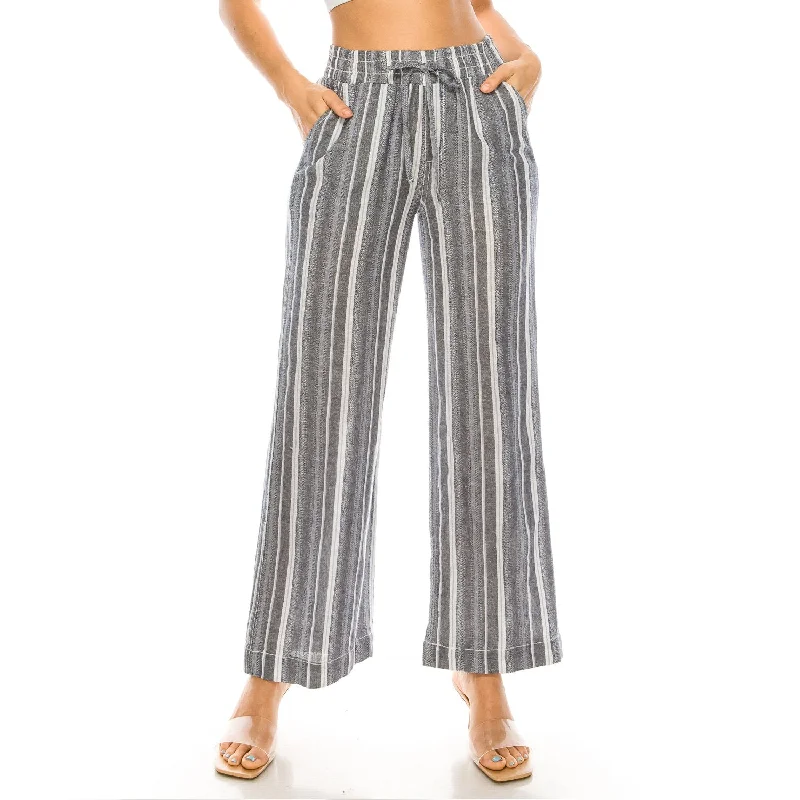 Women's Jodhpurs with Boat CollarDrawstring Smocked Waistband Linen Beach Pants - Navy Combo