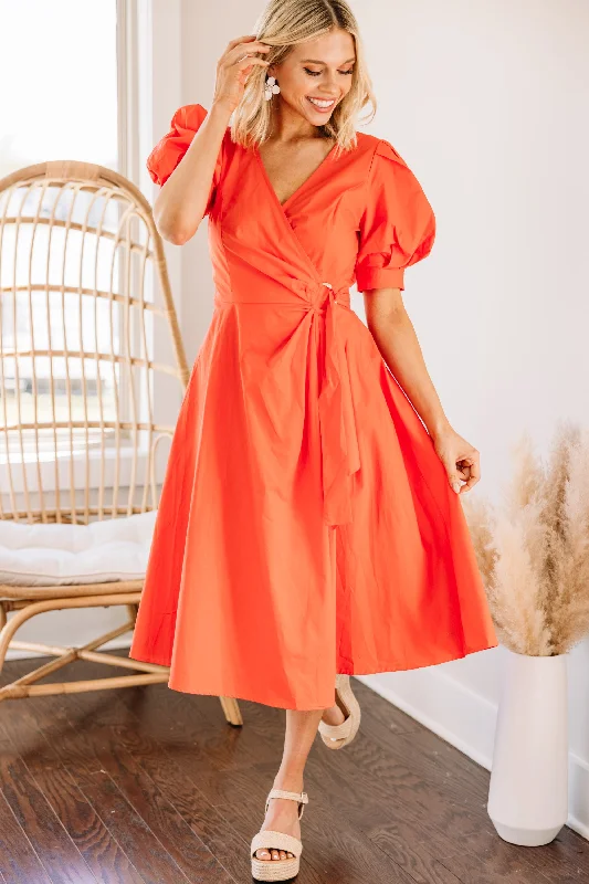 Women's Rounded Collar DressesI've Got A Feeling Orange Puff Sleeve Midi Dress