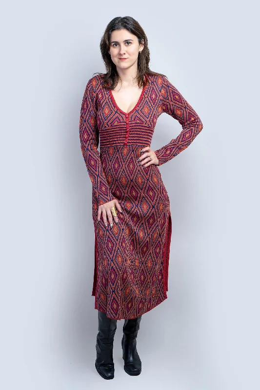 Women's Shirt Collar DressesDeep Red Deco Print Knit Maxi Dress