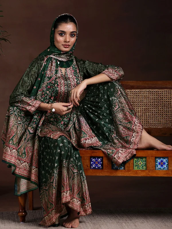 Women's Jumpsuits with V-Shaped CollarGreen Printed Silk Blend Straight Suit With Dupatta