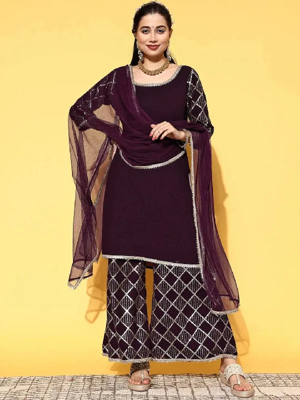 Women's Jumpsuits with Notched CollarPurple Solid Georgette Straight Kurta With Palazzos & Dupatta