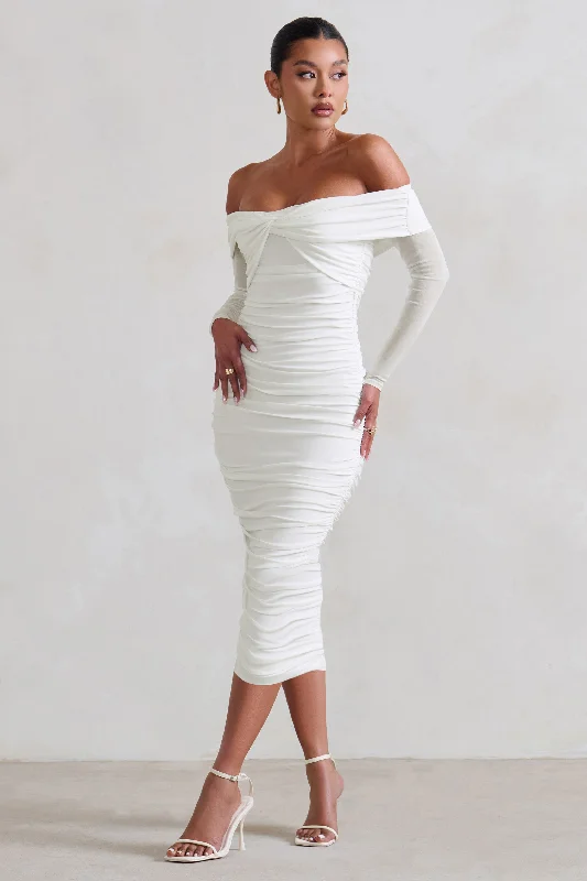 Women's High-Low DressesNeva | White Bardot Twist Midi Dress