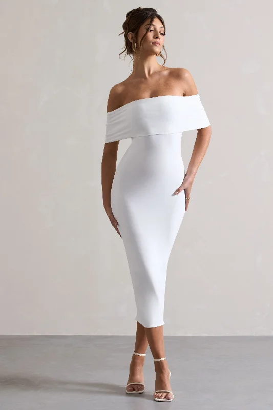 Women's Rounded Collar DressesAverie | White Bodycon Bardot Midi Dress