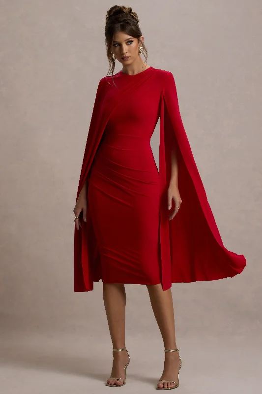 Women's Bell-Sleeve DressesMarysol | Red Asymmetric Cape Midi Dress