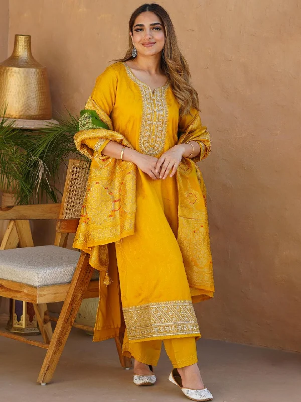 Women's Jumpsuits with Notched CollarMustard Woven Design Silk Blend Straight Suit With Dupatta