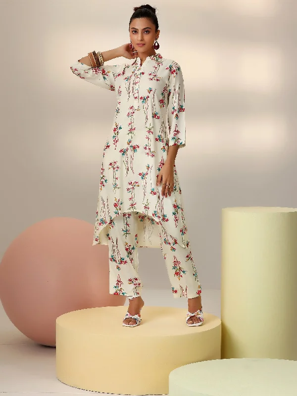 Women's Jumpsuits with V-Shaped CollarCream Printed Rayon Co-Ords