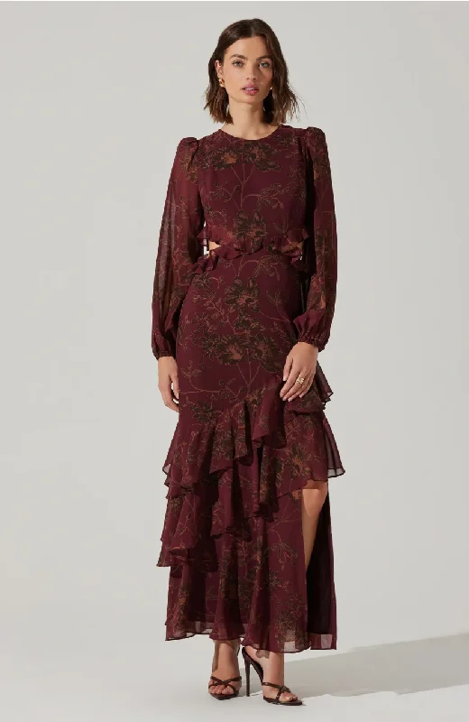 Women's Sweetheart-Neck DressesBiella Ruffle Floral Maxi Dress - Plum Brown Floral