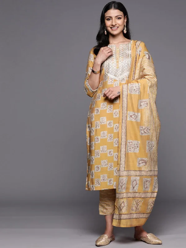 Women's Jumpsuits with Rounded CollarMustard Yoke Design Silk Blend Straight Kurta With Trousers & Dupatta