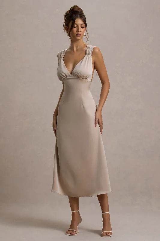 Women's Lapel Collar DressesBeck | Champagne Satin Plunge-Neck Cross-Back Midi Dress