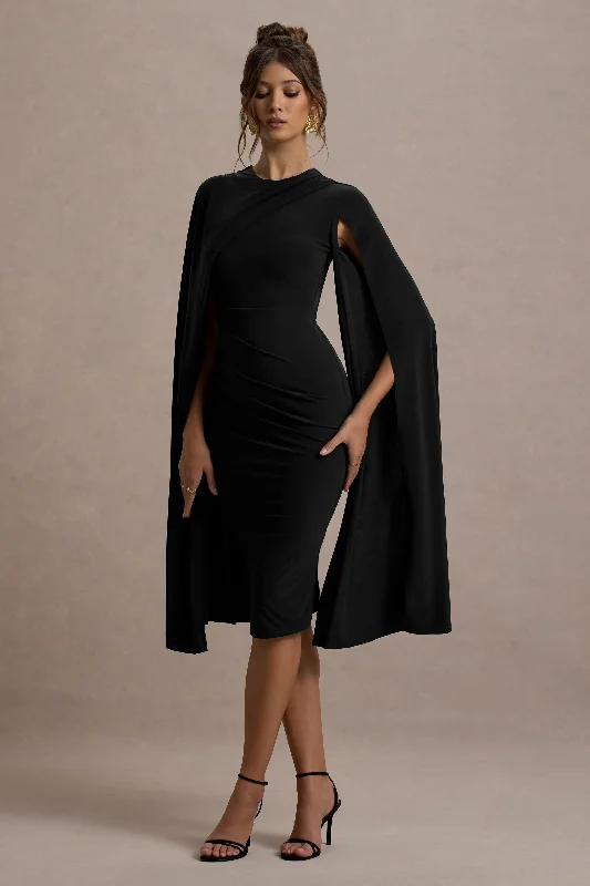 Women's Narrow Collar DressesMarysol | Black Asymmetric Cape Midi Dress