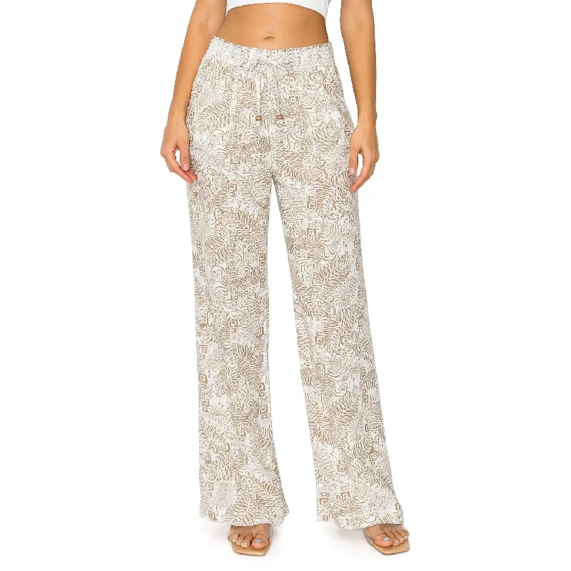 Women's JeggingsLinen Pants Drawstring Smocked Waist Printed Beach Pants - Taupe White