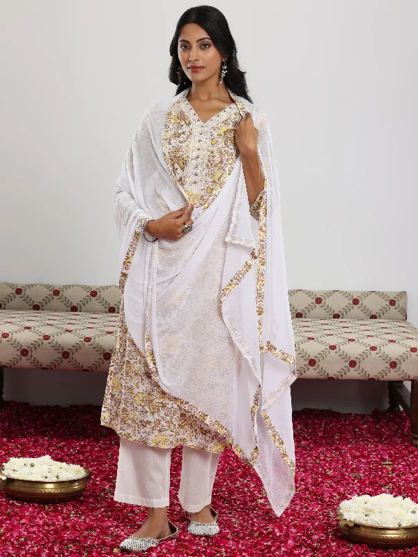 Women's Jumpsuits with Long LengthOff White Printed Cotton Straight Suit With Dupatta