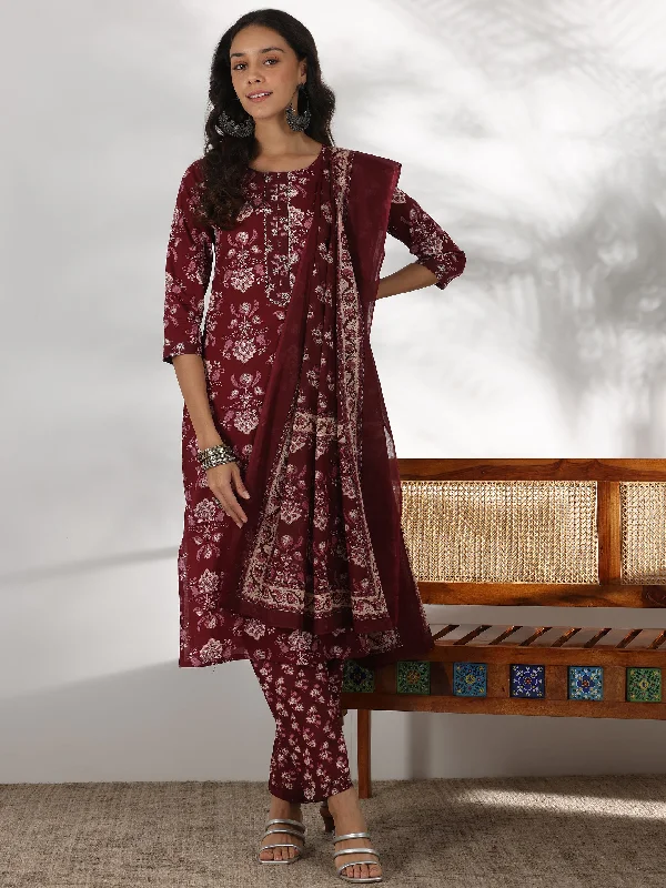 Women's Jumpsuits with High WaistMaroon Printed Cotton Straight Suit With Dupatta