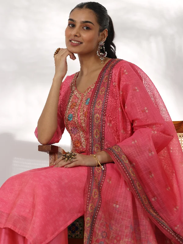 Women's Jumpsuits with Peter Pan CollarPink Yoke Design Silk Blend Straight Suit With Dupatta