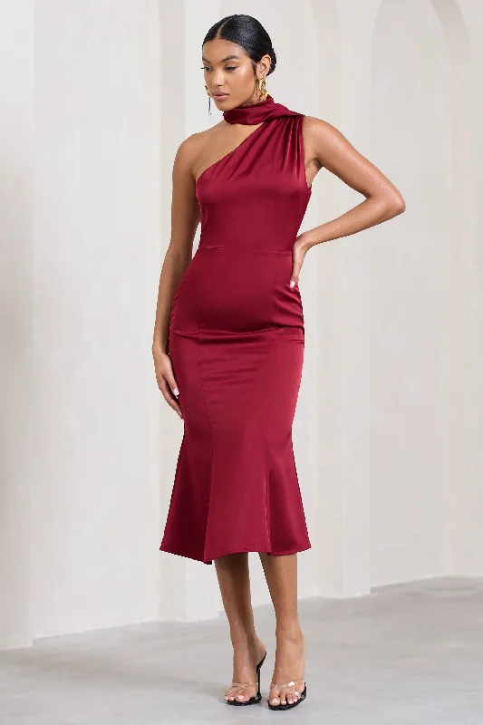 Women's Peter Pan Collar DressesGolden Girl | Burgundy Satin One Shoulder High-Neck Flared Midi Dress