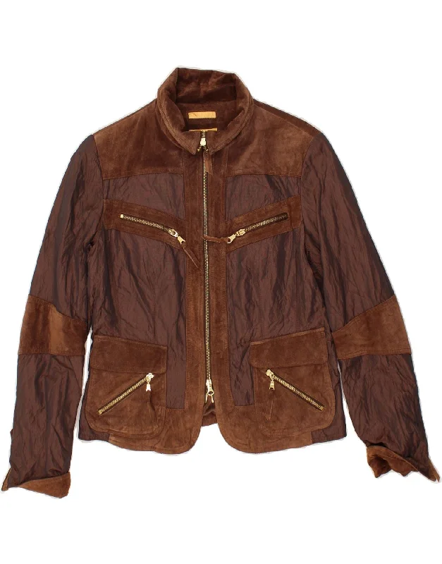 Women's Coats with PocketsBIBA Womens Leather Bomber Jacket UK 12 Medium Brown Colourblock Leather