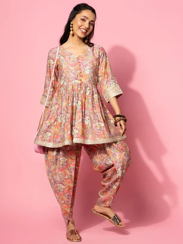 Women's Jumpsuits with High CollarPeach Printed Silk Blend Co-Ords