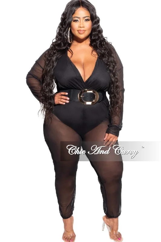 Final Sale Plus Size Sheer Mesh Deep V Jumpsuit in Black