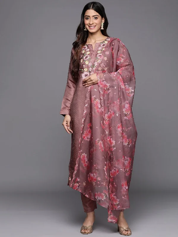 Women's Sleeveless JumpsuitsMauve Yoke Design Silk Blend Straight Kurta With Trousers & Dupatta