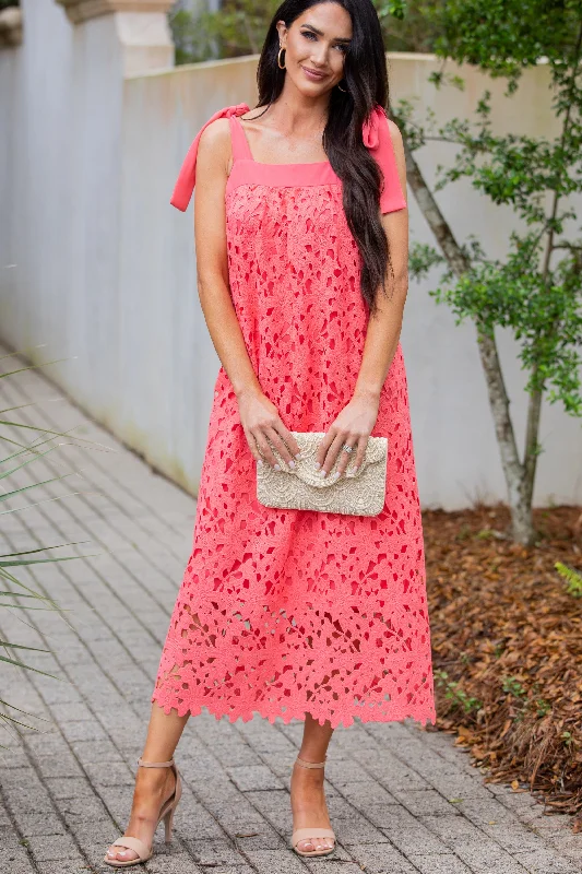 Women's High Collar DressesIt's The Dream Coral Pink Lace Midi Dress