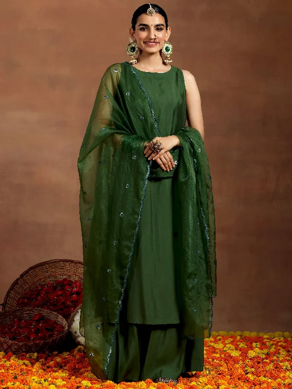 Women's Jumpsuits with Notched CollarGreen Solid Silk Blend Straight Suit With Dupatta