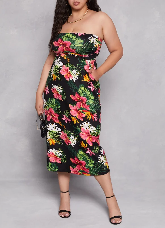 Women's Sweetheart Collar DressesPlus Size Floral Print Maxi Tube Dress