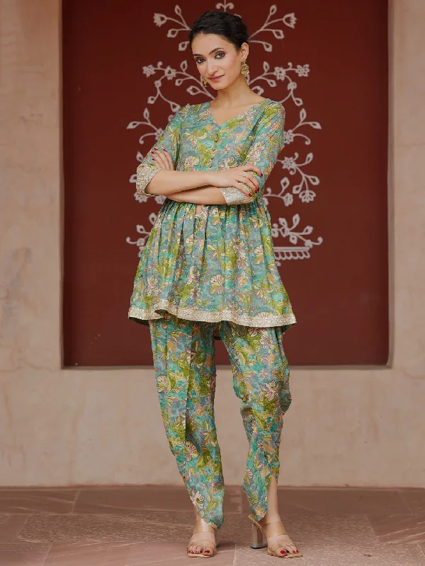 Women's Jumpsuits with V-Shaped HemGreen Printed Silk Blend Co-Ords