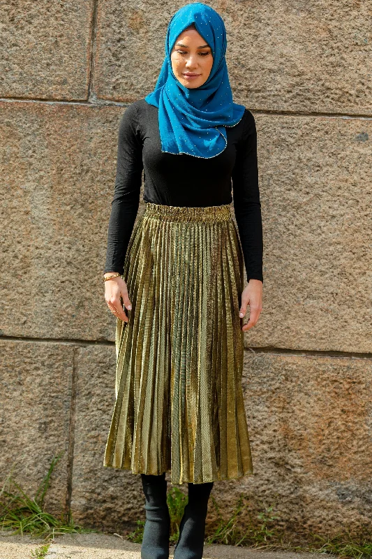 Women's Zip-Up SkirtsGold Metallic Pleated Chiffon Maxi Skirt-CLEARANCE