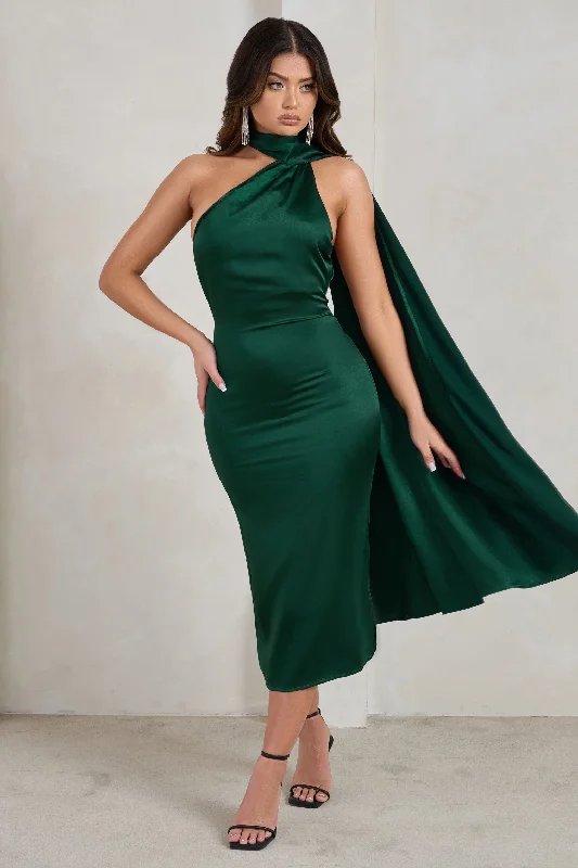 Women's V-Shaped Collar DressesMadame | Bottle Green Satin Asymmetric Scarf Neck Backless Midi Dress