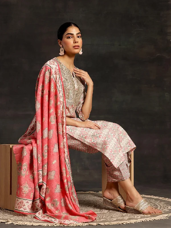 Women's Sleeveless JumpsuitsBeige Printed Silk Blend Straight Suit With Dupatta