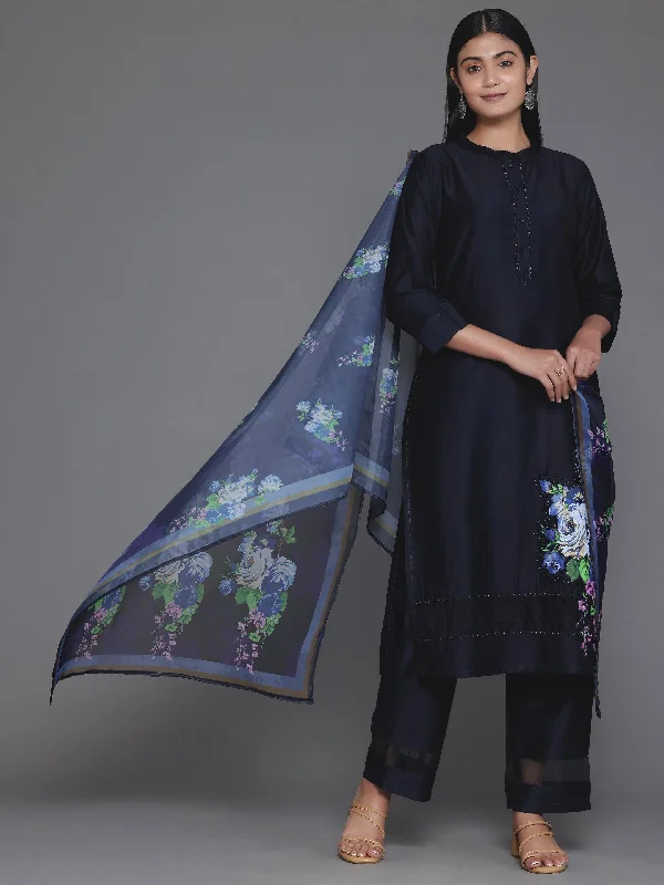 Women's Jumpsuits with ZipperNavy Blue Self Design Silk Blend Straight Suit With Dupatta