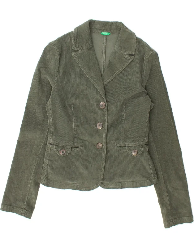 Women's Coats with PocketsBENETTON Womens Corduroy 3 Button Blazer Jacket IT 40 Small Green Cotton