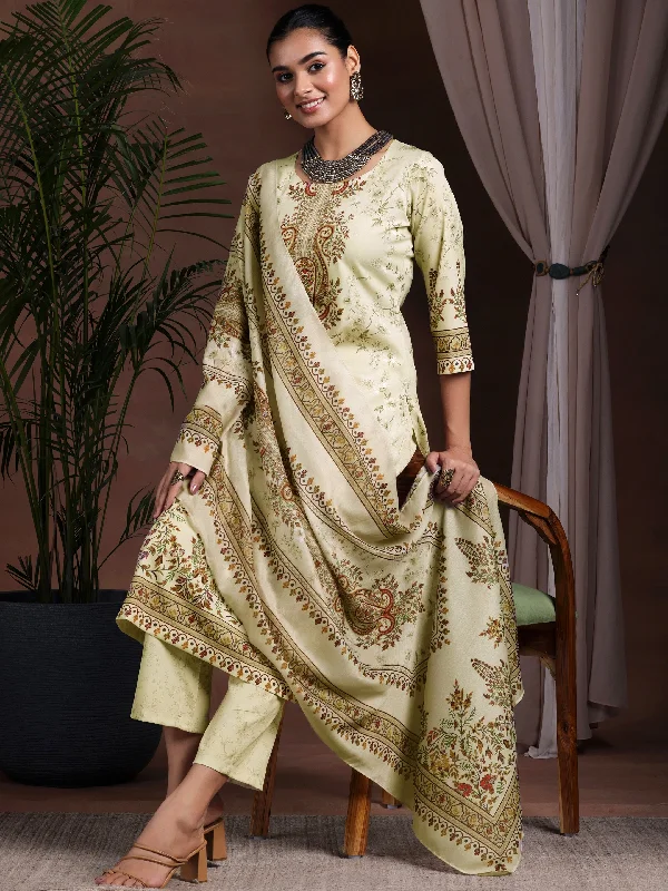 Women's Jumpsuits with Lapel CollarBeige Printed Poly Crepe Straight Suit With Dupatta