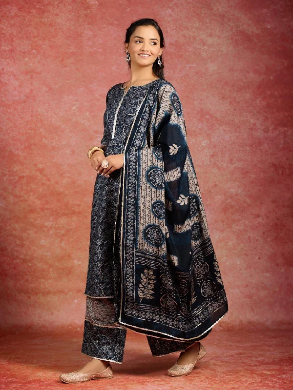 Women's Jumpsuits with Lapel CollarBlue Printed Silk Blend Straight Suit With Dupatta