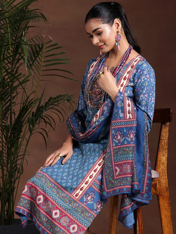 Women's Jumpsuits with V-Shaped CollarBlue Printed Poly Crepe Straight Suit With Dupatta