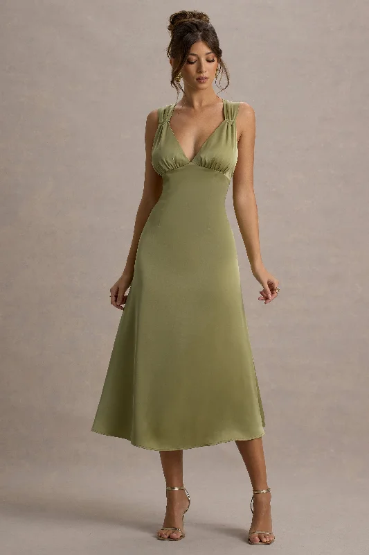 Women's Keyhole Collar DressesBeck | Light Green Satin Plunge-Neck Cross-Back Midi Dress