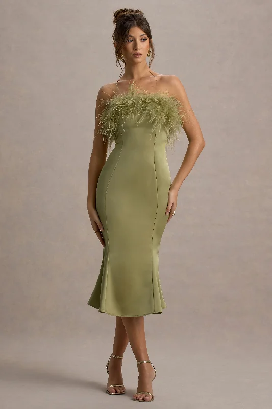 Women's Notched Collar DressesOne And Only | Light Green Satin Feather Trim Midi Dress