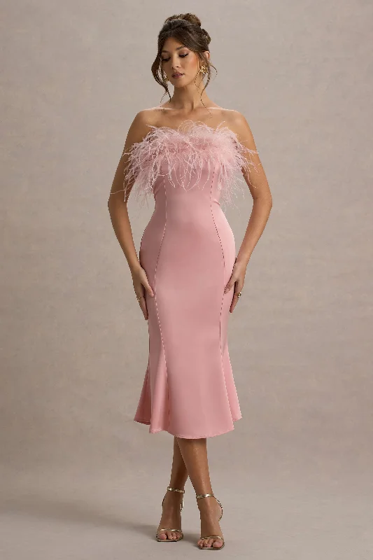 Women's Notched Collar DressesOne And Only | Light Pink Satin Feather Trim Midi Dress