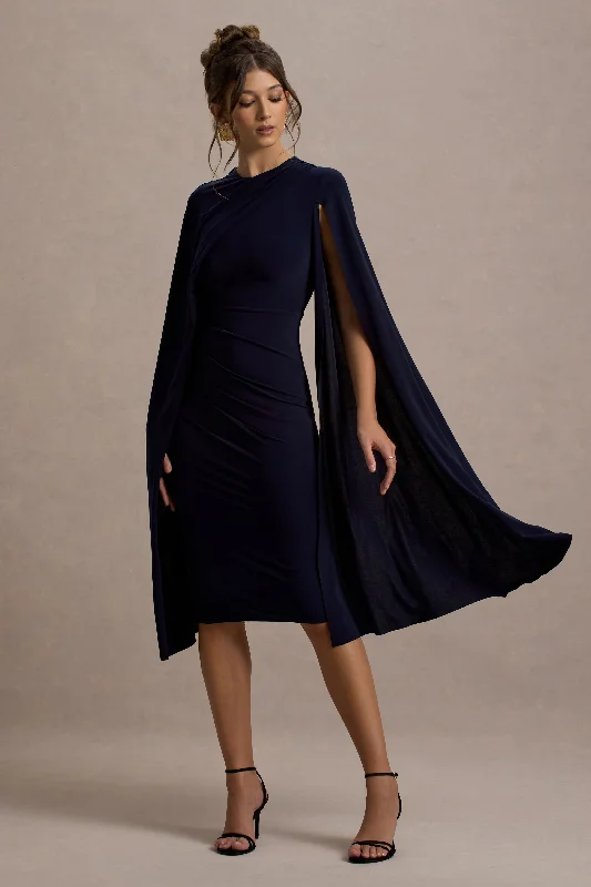 Women's Square-Neck DressesMarysol | Navy Asymmetric Cape Midi Dress