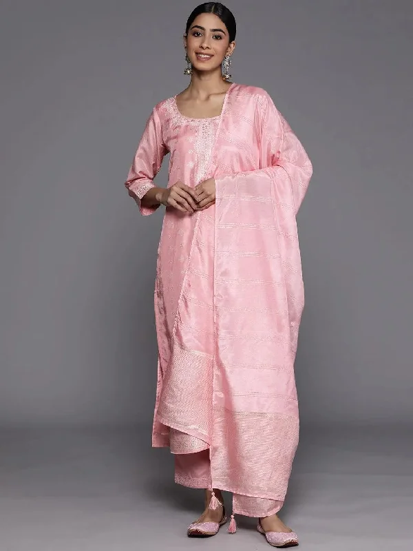 Women's Jumpsuits with Tapered LegPink Self Design Silk Blend Straight Kurta With Trousers & Dupatta