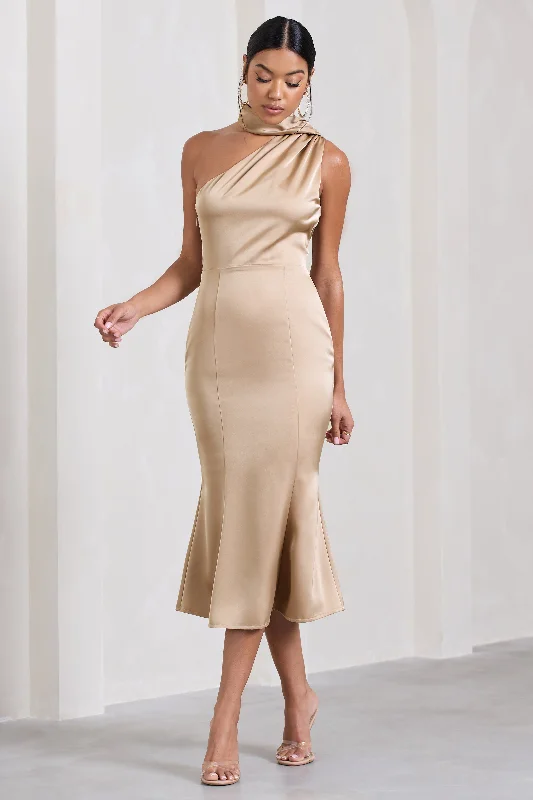 Women's Keyhole-Back DressesGolden Girl | Champagne Satin One Shoulder High-Neck Flared Midi Dress